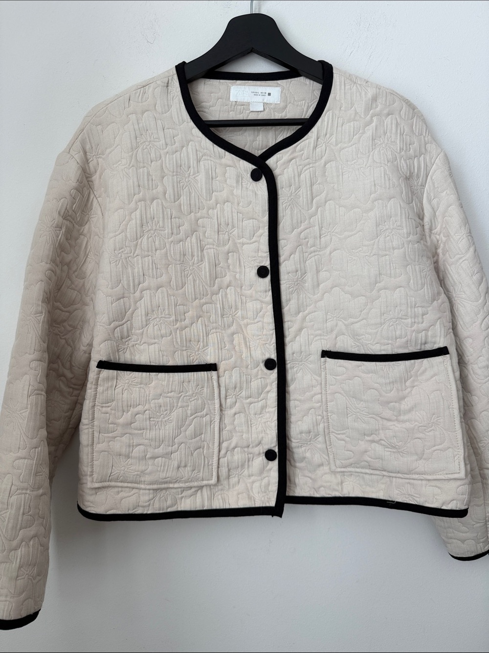 Zara Cream Quilted Jacket with Black Trim